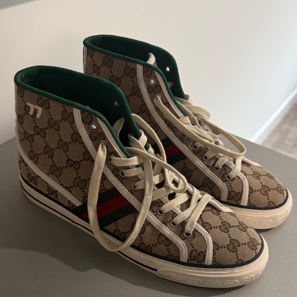 Gucci Beige High-Top Sneakers with Green and Red Accents
